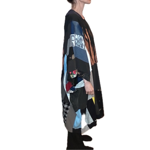 Patchwork bleached tunic dress handmade upcycle one size raw hem neckline - Picture 4 of 7